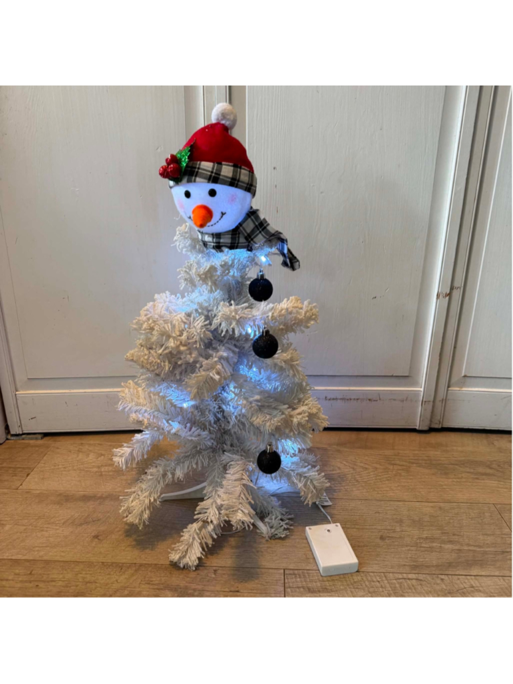 Pre-Lit White Tabletop Christmas Tree Snowman Topper Blue Lights Holiday Decor